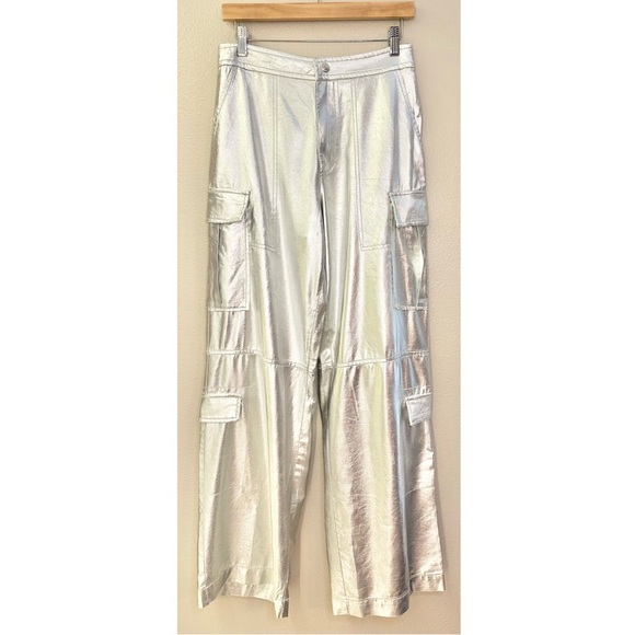 NEW Zara Silver Metallic Wide Leg Cargo Pants Luxe High Rise Utility - Picture 4 of 10